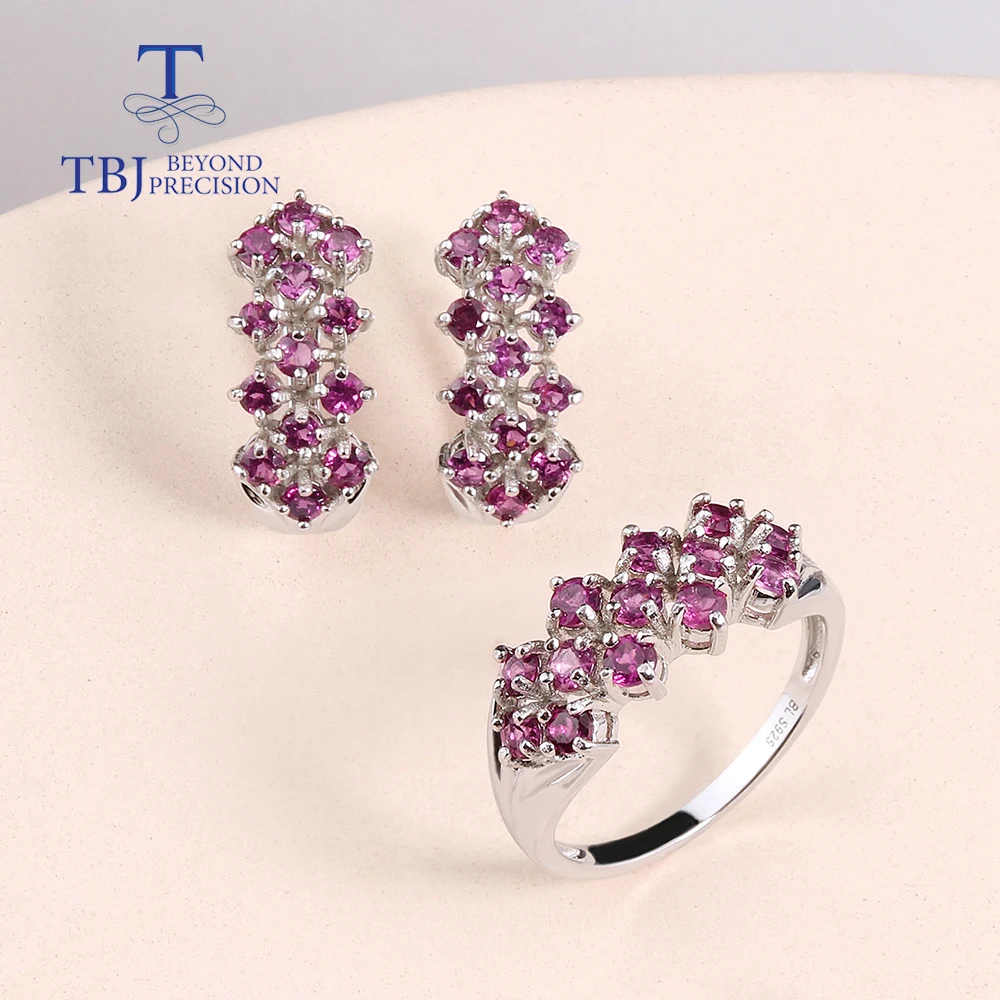 

Natural Rhodolite Garnet Light luxury design Ring Earrings Jewelry set Women 925 sterling Silver fine jewelry