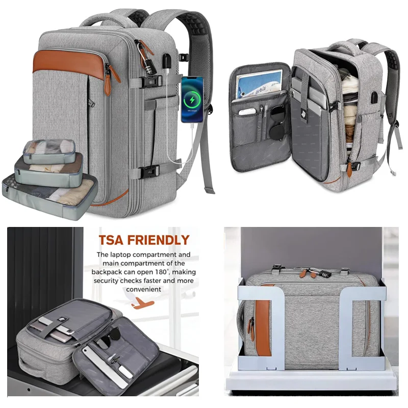 حقيبة ظهر للحمل، حقيبة ظهر للسفر معتمدة من الطيران مع 3 مكعبات تعبئة، حقيبة سفر كبيرة قابلة للتوسيع سعة 40 لتر تناسب الكمبيوتر المحمول مقاس 17.3 بوصة، النمل
