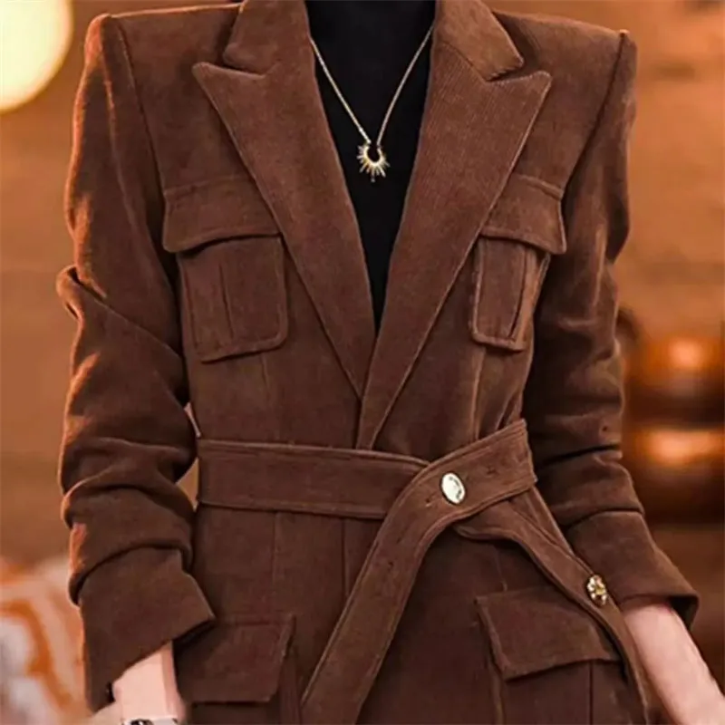 2024 Spring Autumn Brown Corduroy Suit Jacket Women Fashion Pocket Blazer Vintage Jackets Female Waistband Trench Coat Outwear