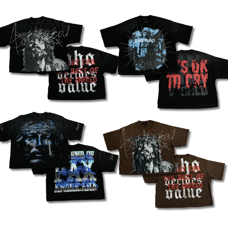 2026ss RARE PEACE T-shirts High Street Vintage Rhinestone Pattern Short Sleeved Graphic T Shirts
