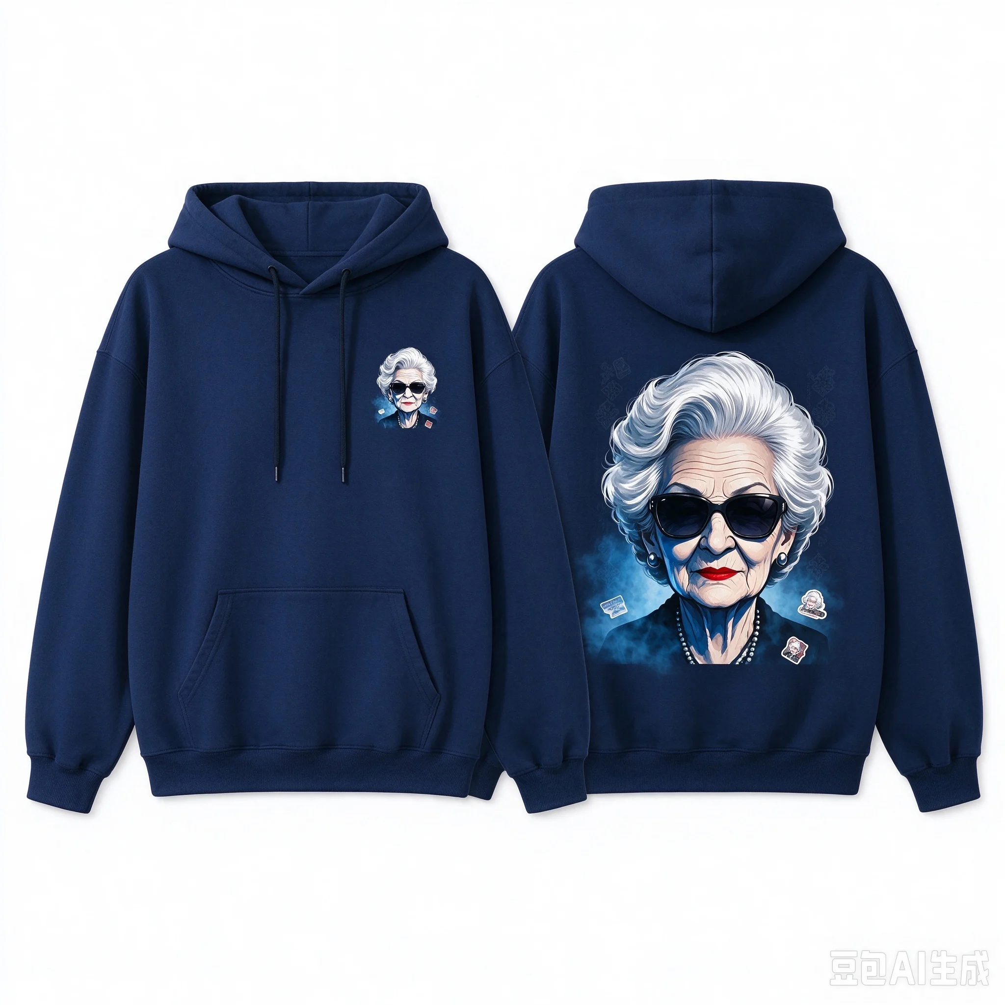 Men's Loose Drawstring Hoodie, Right Chest Small Trendy Grandma Logo, Back Cool Old Lady Head Graphic Pullover, Streetwear Casua
