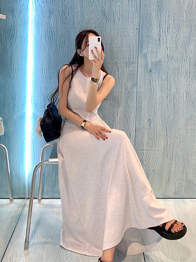 シックな夏のシンプルなエレガンスラウンドネック露出ウエスト痩身ソリッドカラー多用途ロング A ラインドレス女性のファッション