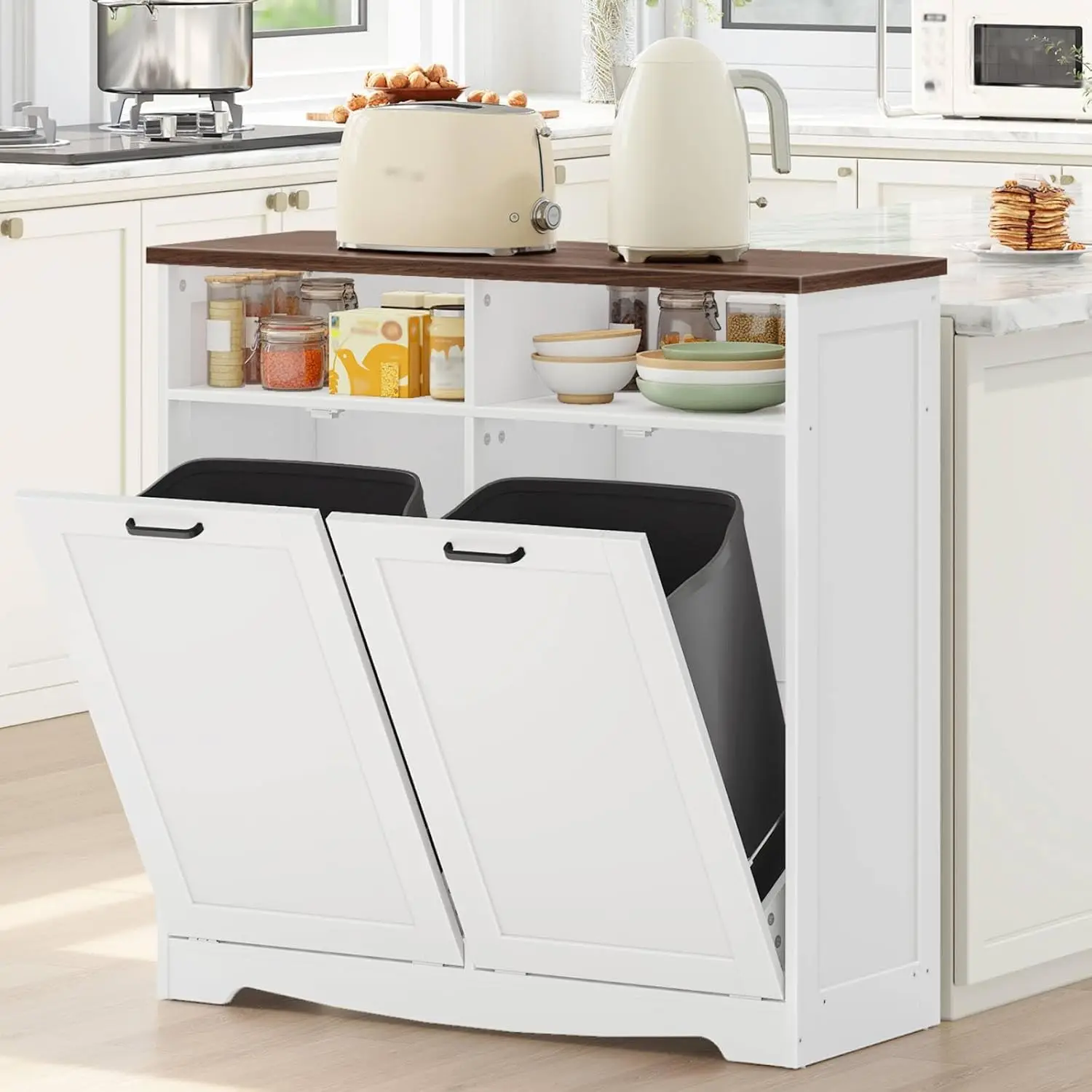 

Double Tilt Out Trash Can Cabinet, 20 Gal Kitchen Trash Bin Cabinet, Hidden Trash Storage with Open Compartments,