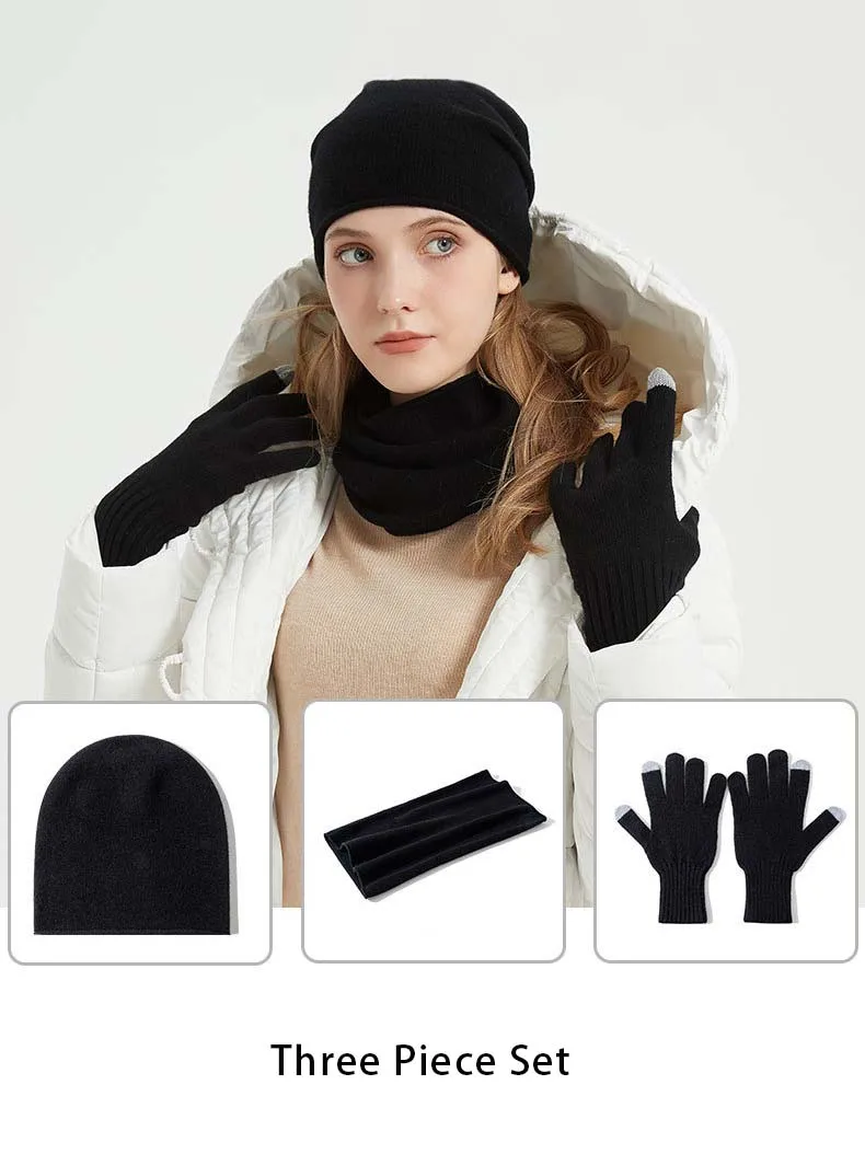 Three Piece Hat Scarf Gloves Sets Marino Wool Beanie Headwear Set Outdoor Men Women