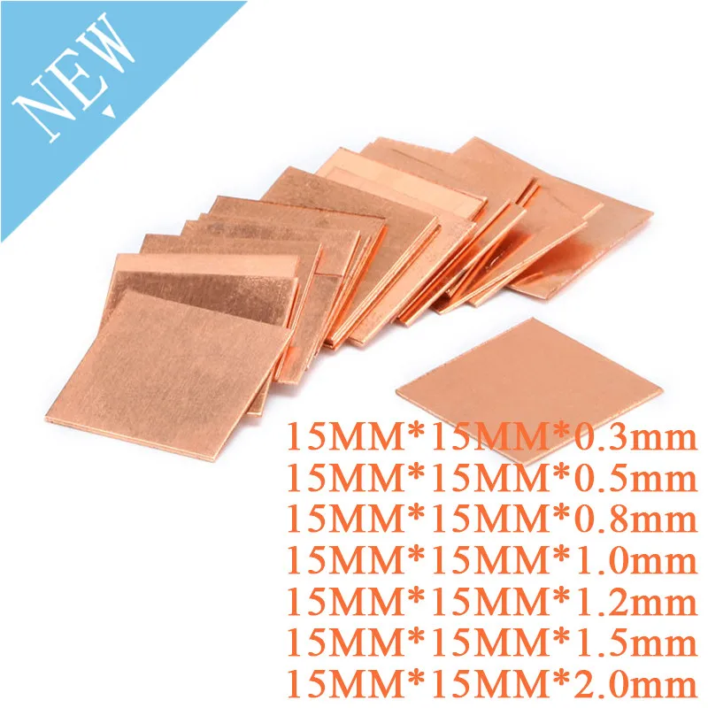 Almohadillas térmicas de cobre para ordenador portátil, 15mm x 15mm, 0,3mm, 0,5mm, 0,8mm, 1mm, 1,2mm, 1,5mm, disipador térmico de espesor, Chipset IC, GPU, CPU, 10 unidades