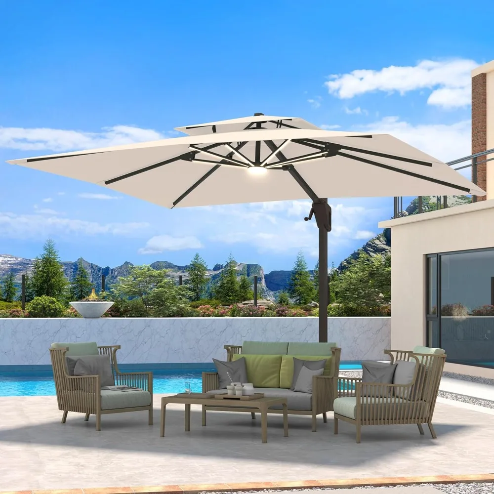 

10 X 13 FT Cantilever Patio Umbrella with LED Lights Outdoor Heavy Duty Double Top Windproof Rectangle Offset, Customized