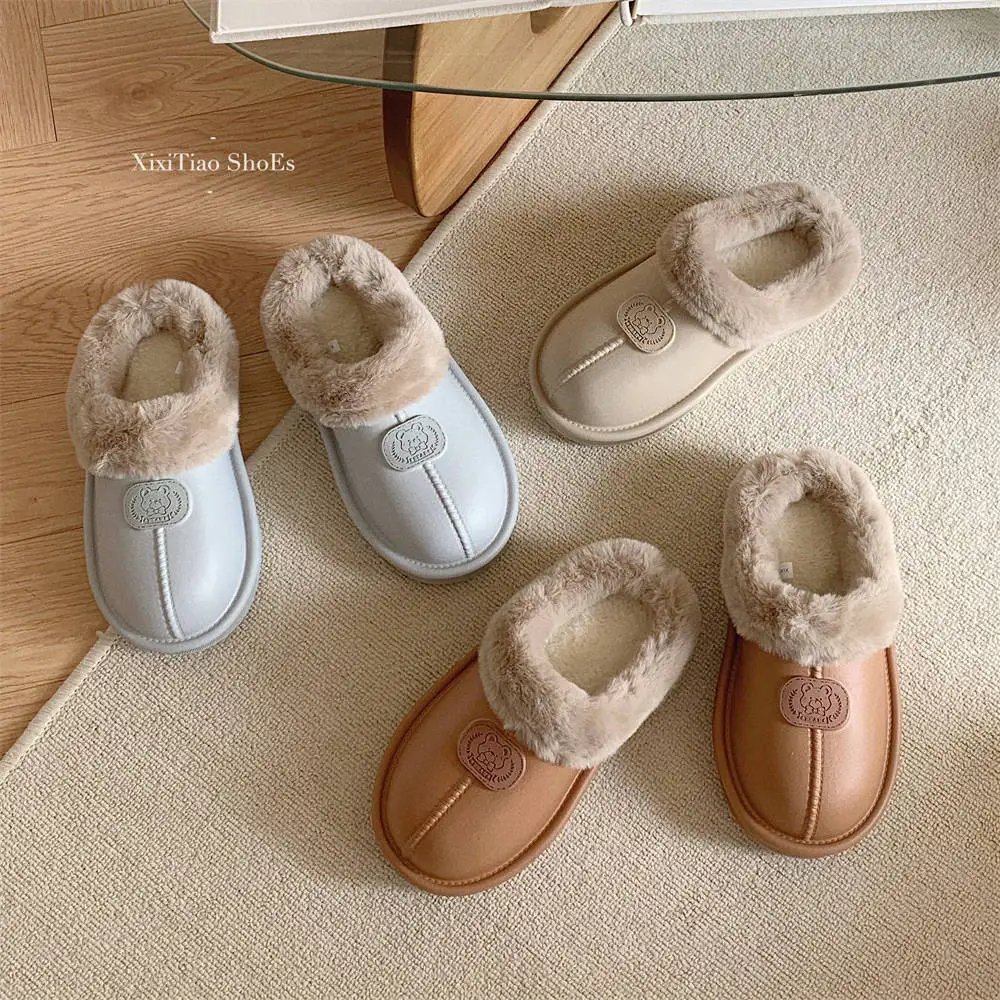 Fashion indoor outdoor wear fleece warm comfortable cotton slippers plush soft sole simple waterproof home shoes women's winter