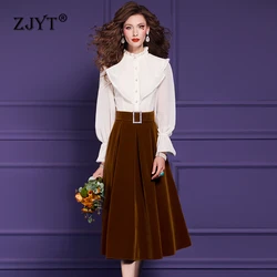 ZJYT Autumn Winter Long Sleeve Shirt Patchwork Velvet One Piece Dress Women Elegant Party Midi Plus Size Dress Female Vestidos