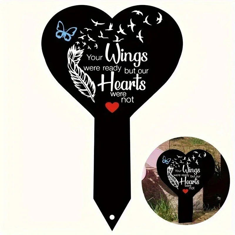 CIFBUY Heart Memorial Garden Stake Sympathy Grave Marker Metal Plaque Feather Butterfly Bird Remembrance Yard Decor