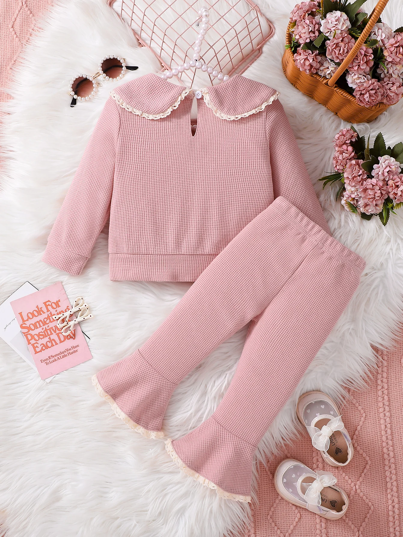 Girls Spring Autumn Sweetened Set Pink Lace Collar Sweatshirt + Flared Pants Two-Piece Suit Baby Clothing