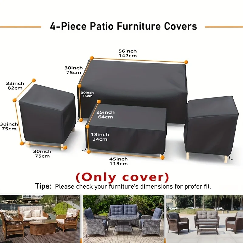 4Pcs Outdoor Rattan Sofa Cover Set 210D Oxford Heavy‑Duty Waterproof Windproof Black Drawstring Patio Furniture Protector