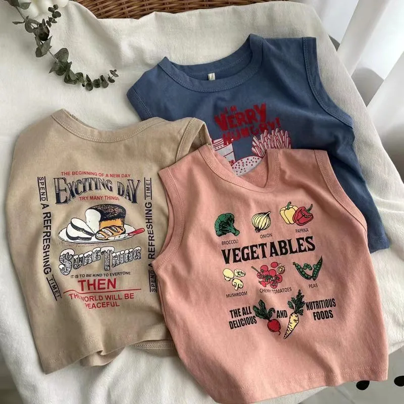 Summer Childrens Pure Cotton T-shirts 2025 New Style Boys Girls Sleeveless O-Neck Vest Cartoon Printed Tops Baby Kids Clothes