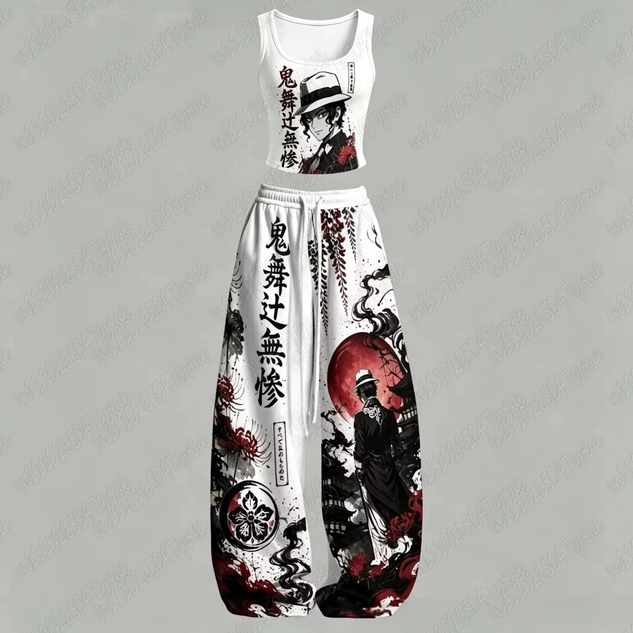 2026 New Universal Tank Top Wide Leg Pants Set Demon Slayer Kokushibo Dark Anime Print Two Piece Outfit Non-Cotton Family Kids