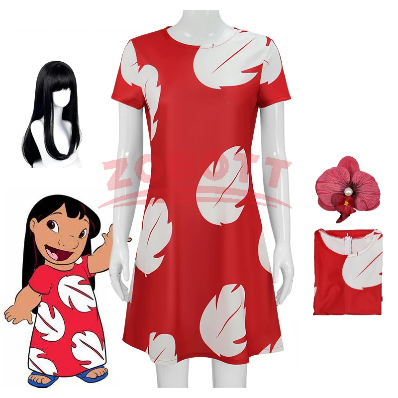 애니메이션 만화 잎 인쇄 반팔 릴로 공주 드레스 복장 크리스마스 역할 놀이 소녀 캐주얼 드레스 코스프레 스커트