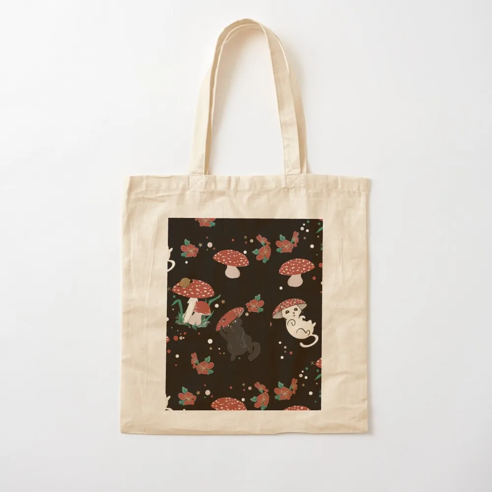 

Pink- mushrooms, cat, and friends Tote Bag