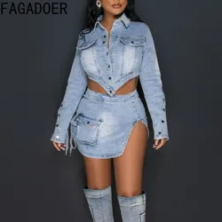 FAGADOER Fashion Streetwear Women Denim Button Long Sleeve Irregular Crop Top And Mini Slit Skirt Outfits Female Cowboy Clothing