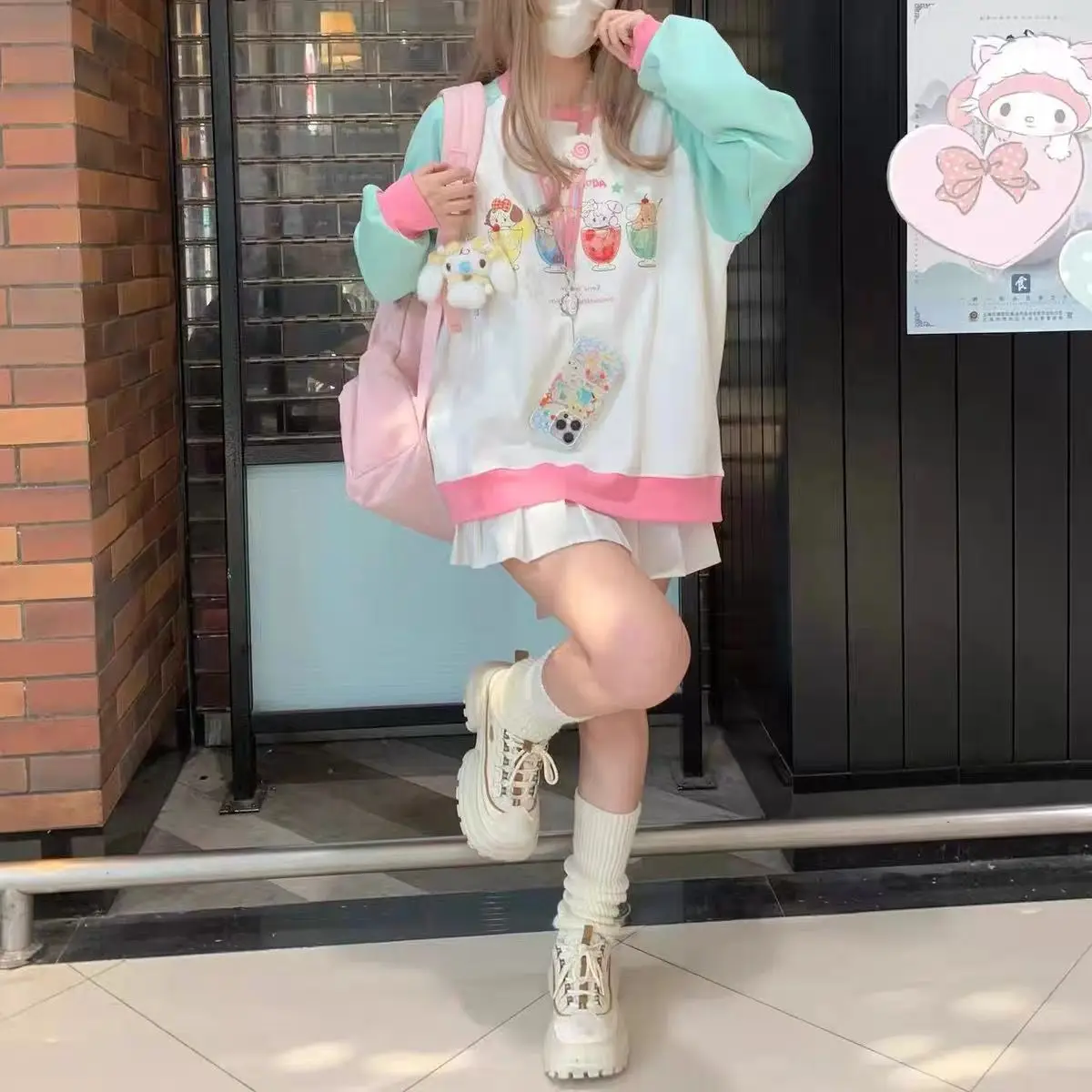 Japanese Cute Patchwork Raglan Sleeves Contrasting Color Hoodie Women\'s Autumn and Winter New Dopamine Top Women\'s Loose Fit