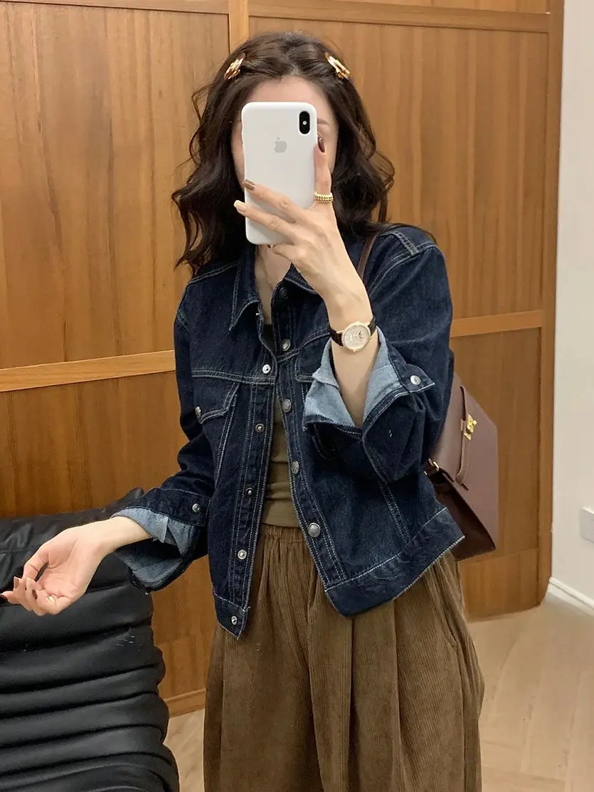 

Loose Jackets Coats Woman Clothing Floral Print Embroidery Contrast Brown Wash Style Female Casual Pocket Leather Distressed