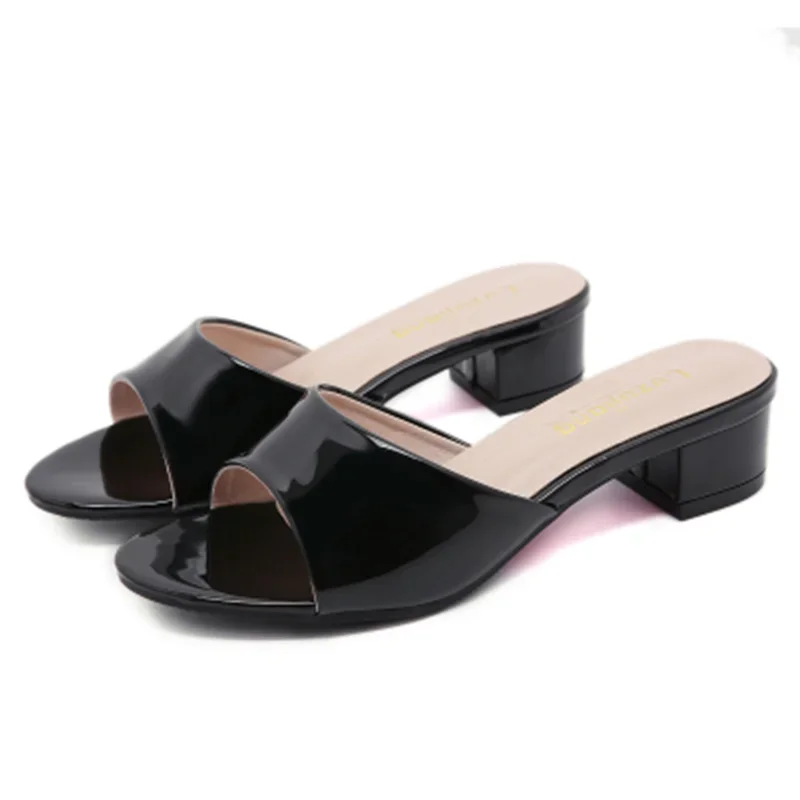 

Women Bow Flowers Slides Open Toe Square Heels Med 4cm Patent Leather Shiny Slippers Summer Shoes Comfortable Sweet Footwear 45