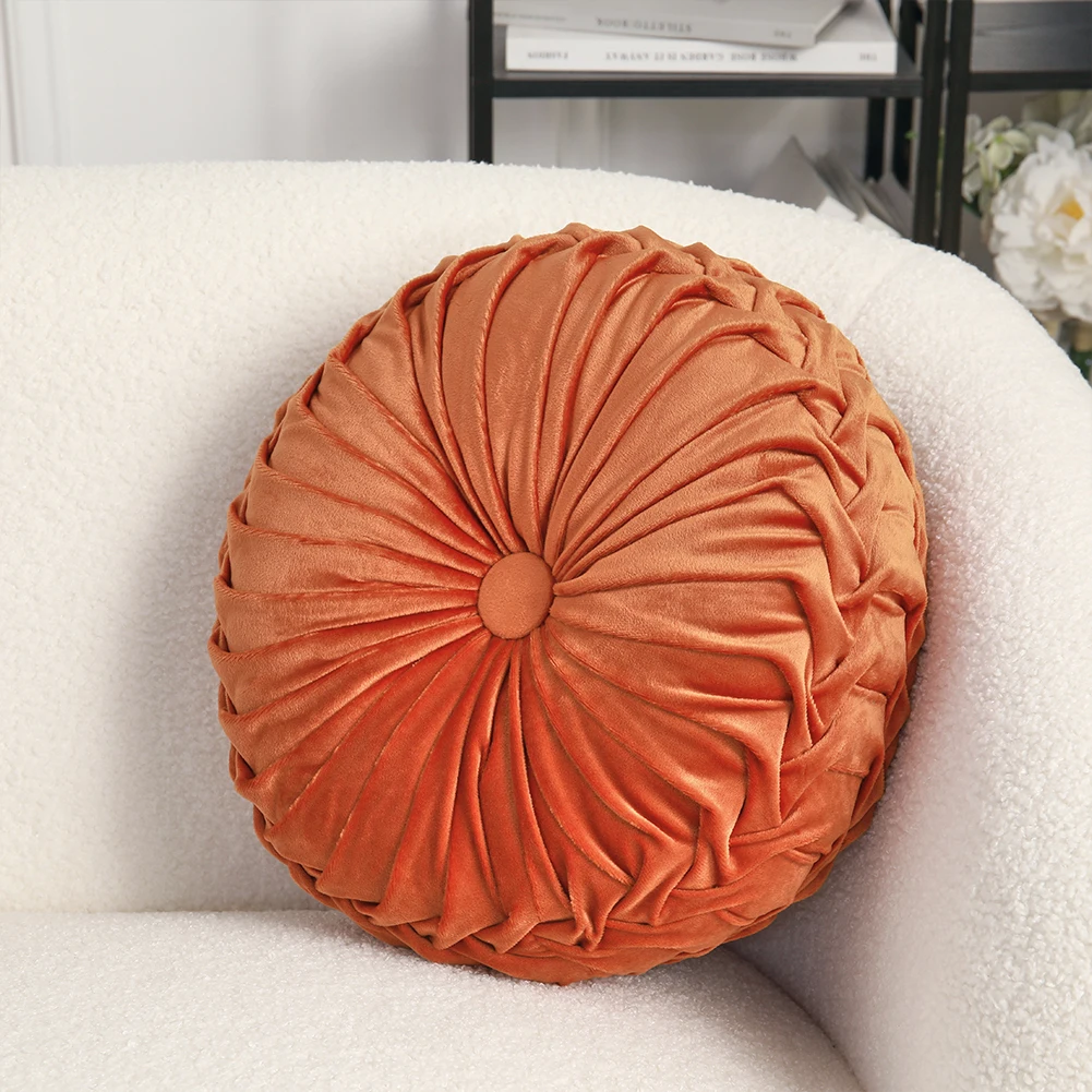 Velvet Round Floral Wrinkle pillow Cushion, Orange 35CM