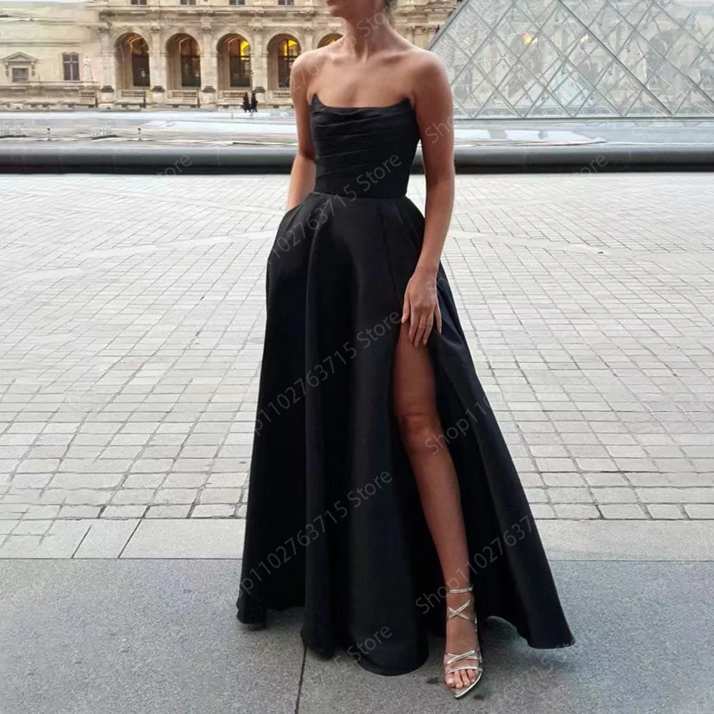 

Elegant Long Black Evening Dresses for Women Strapless Floor-Length A-Line Prom Party Wedding Gala Special Events Dress 2024