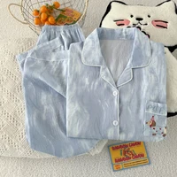 Spring and autumn pajamas for women, casual cardigan with reversible collar, long sleeves, long pants, home wear two-piece set. - Image 5
