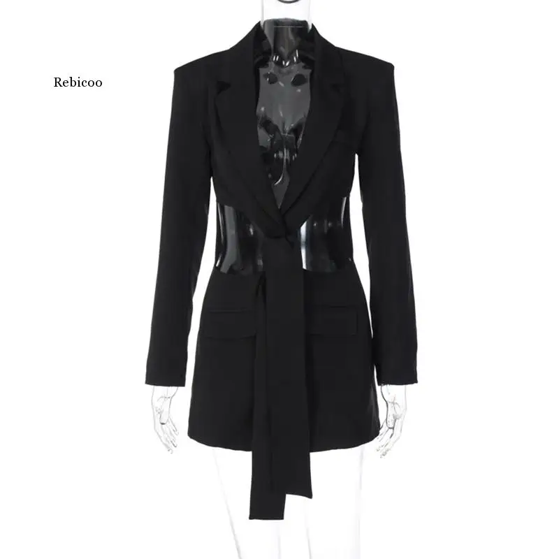 Fashion High Street Design Tie Long Strap Suit Jacket Sexy All Black Party Women Coats 2022 New Handsome Hollow Out Waist Blazer