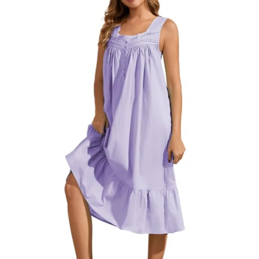 

Kabento 100% Cotton Nightgowns for Women Soft Sleeveless Tank Night Gowns Sleepwear with Pockets