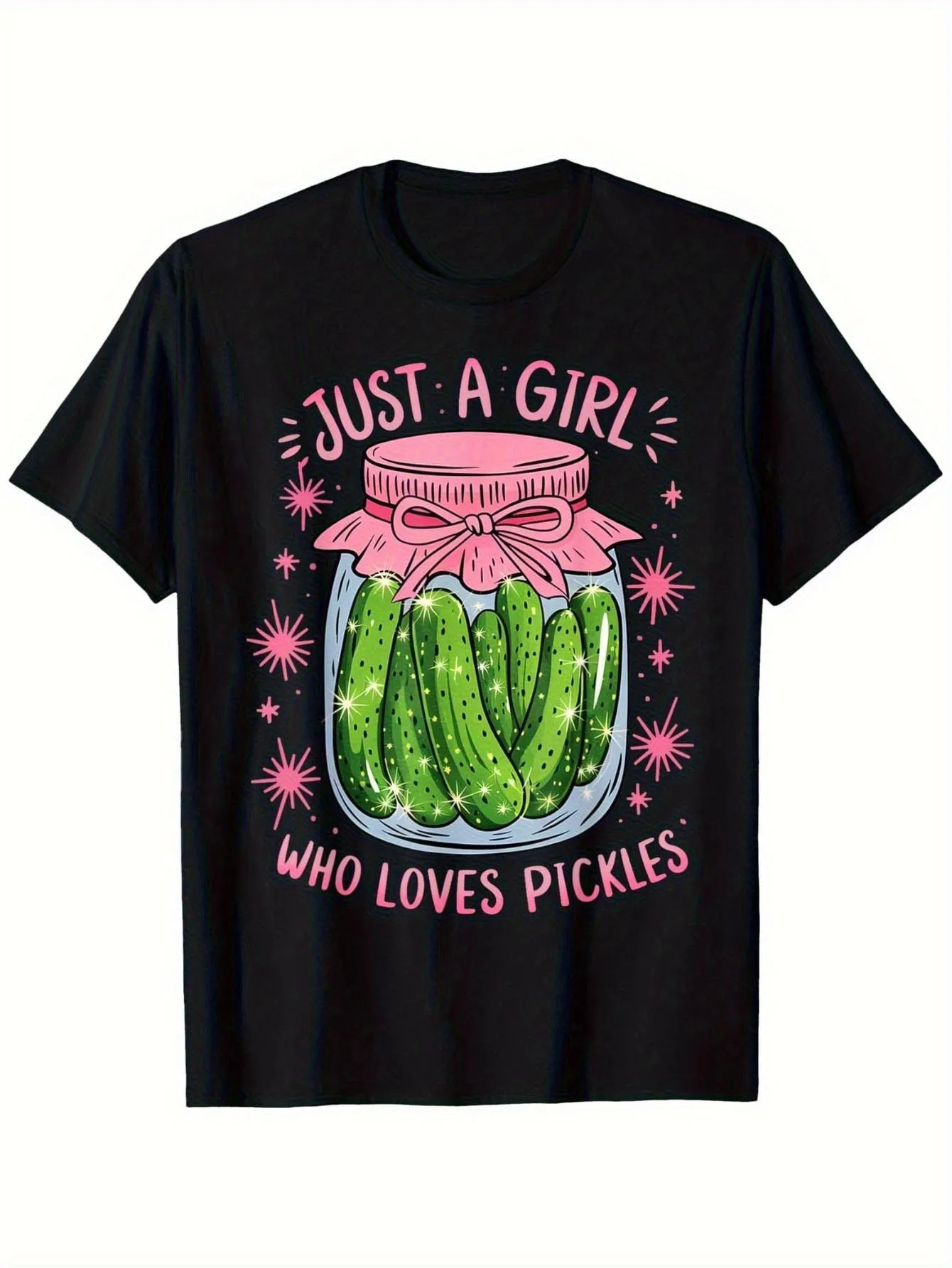 Just a Girl Who Loves Sauerkraut T-Shirt - Fun Black T-Shirt with a Playful Pink Design Depicting a Mason Jar with Shiny Green Sauerkraut and Star Decorations - Perfect for Sauerkraut Lovers and Casual Outings