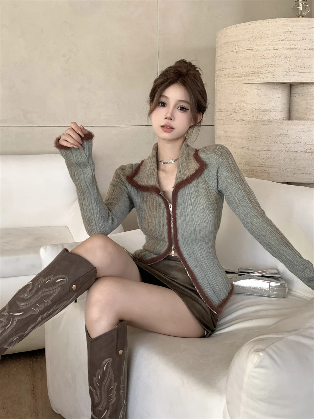 Casual Contrast Colors Cardigans Women New Autumn Long Sleeve Zipper Knitted Top Turndown Collar Design Open Front Sweater