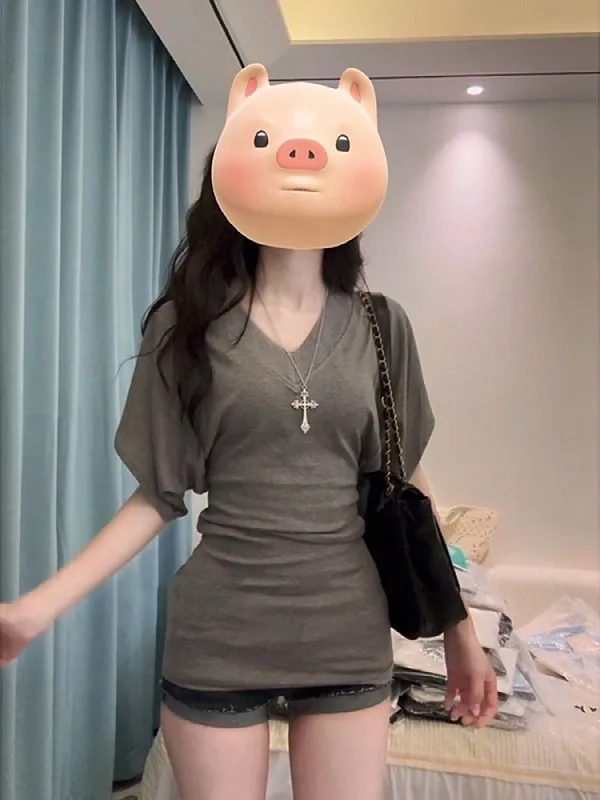 

Новая летняя женская футболка больших размеров с V-образным вырезом и рукавами «летучая мышь», утягивающая талию и скрывающая живот