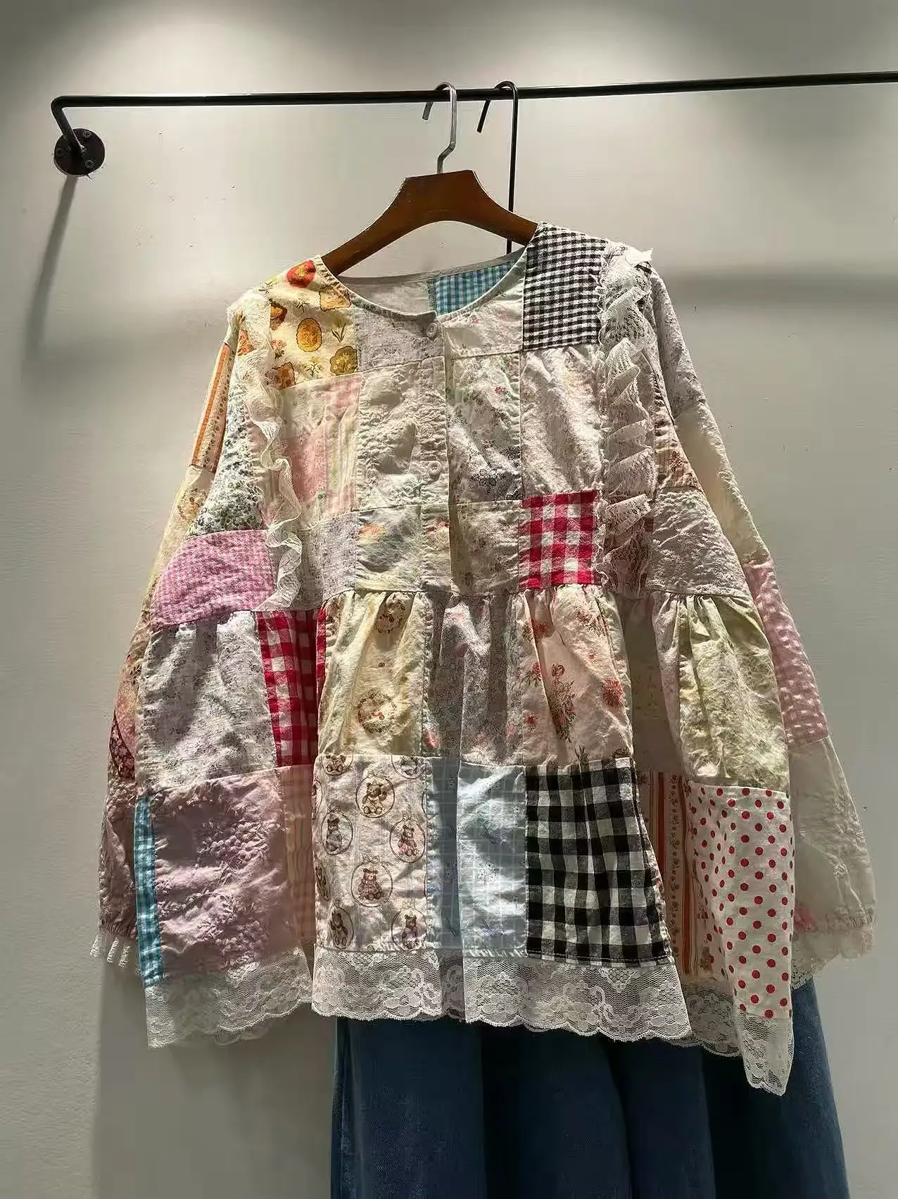 

Mori girl autumn Japanese style sweet print plaid patchwork shirts and blouses for women pure cotton vintage long sleeve tops