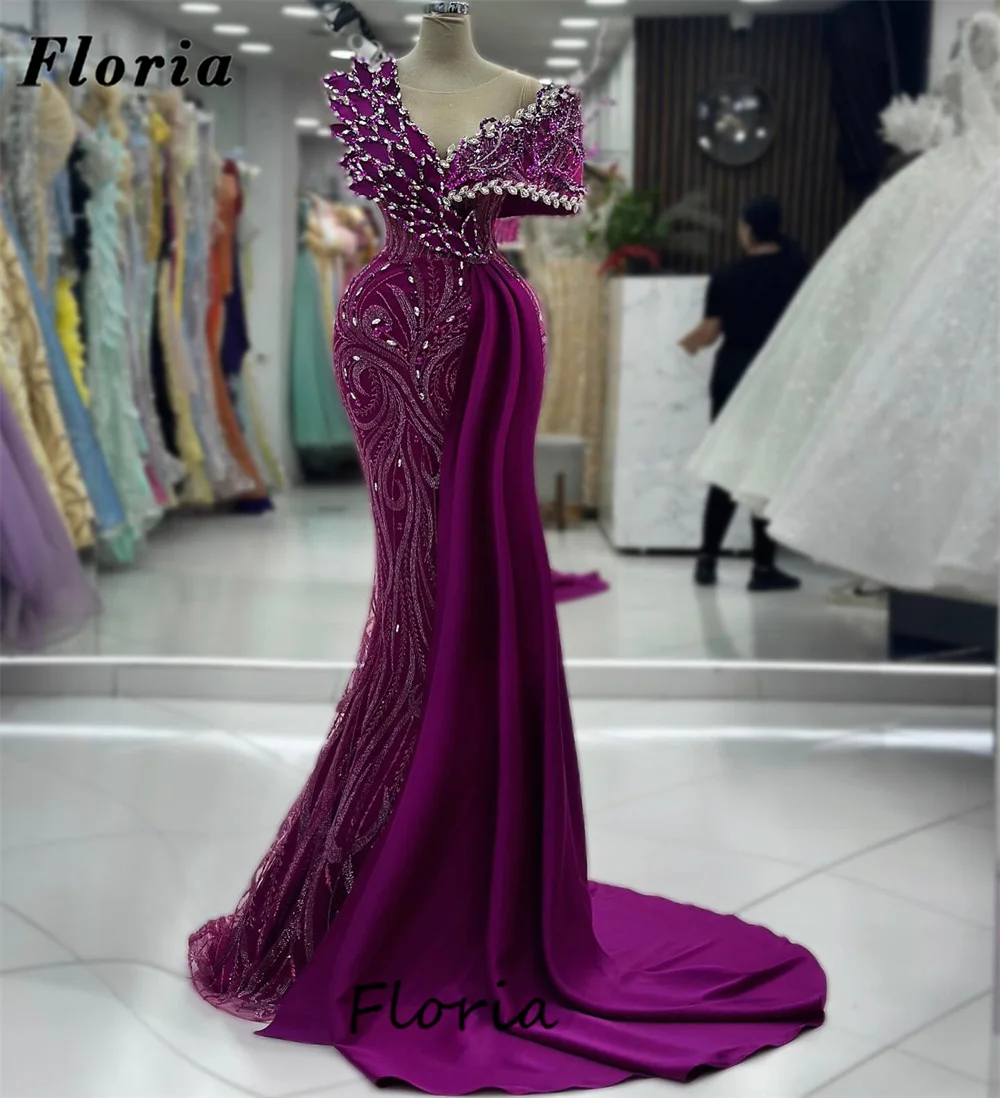 

Customized Arabic Purple Beading Evening Dresses Women Off Shoulder Pageant Prom Dress Robe De Soiree Beaded Wedding Party Gowns