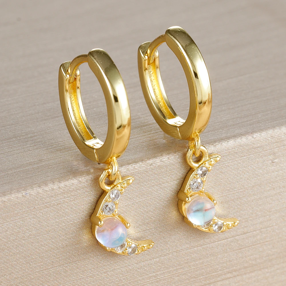 2PCS New Star Moon Zircon Opal Hoop Earrings for Women Stainless Steel Stud Earring Ear Buckle Piercing Jewelry Gifts Pendientes