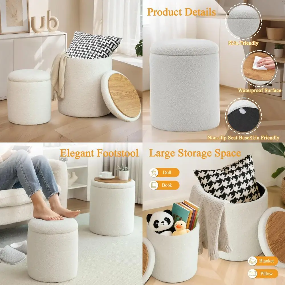

Pair of YSICK Storage Ottomans, Small Sherpa Beige Vanity Stool with Storage, and Ottoman Foot Rest