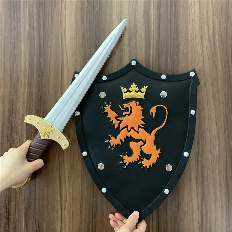 Sets Kids Shield Boy Sword Toy Gift Lion Shield Golden Sword Safety PU Weapon Game Cosplay Halloween Role Play Gift For Boy 2pcs