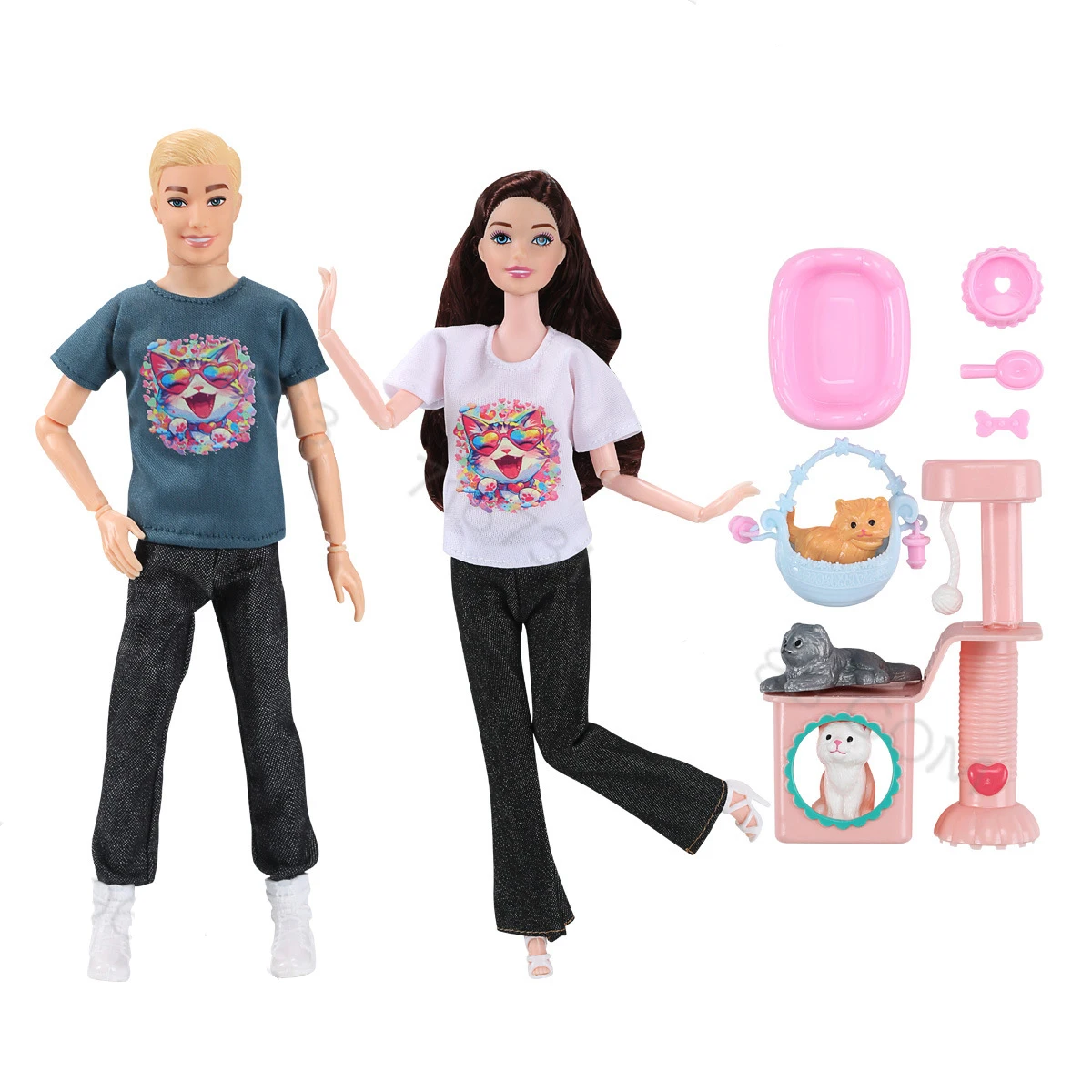 30CM Girl Princess Prince Doll Fashion Couple Pet Cat And Dog Toy Set Fashion Clothes 1/6 BJD Doll DIY Dress Up Play House Toys