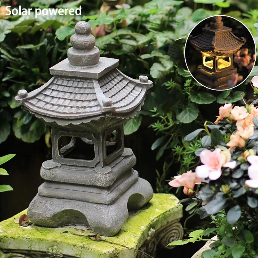 ABZC-Japanese Style Courtyard Decoration Resin Solar Lamp Palace Lanterns Zen Landscape Lights Home Gardening Decoration