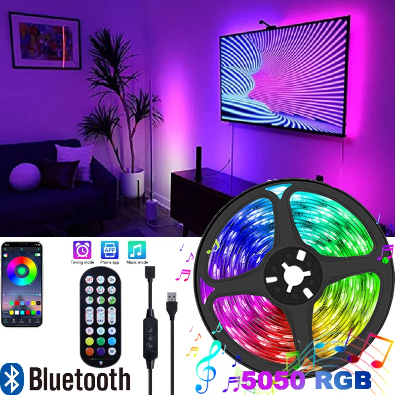 LED Cor Mudar Strip Lights, Room Decor, TV, Desktop Screen, Backlight, Música Sync, Controle do Telefone, Bluetooth, SMD5050, DC5V