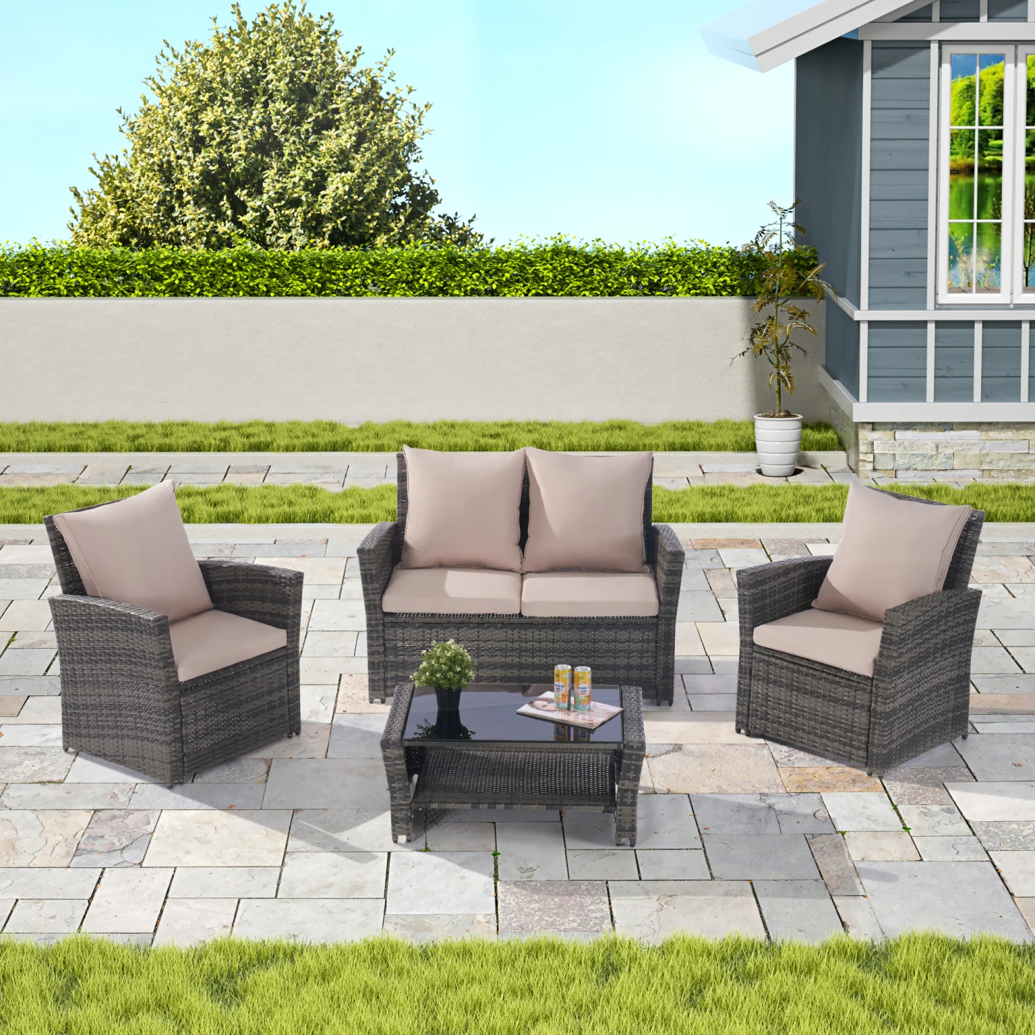 

4 Pieces Outdoor Patio Furniture Sets Garden Rattan Chair Wicker Set, Poolside Lawn Chairs with Tempered Glass Coffee Table Porc