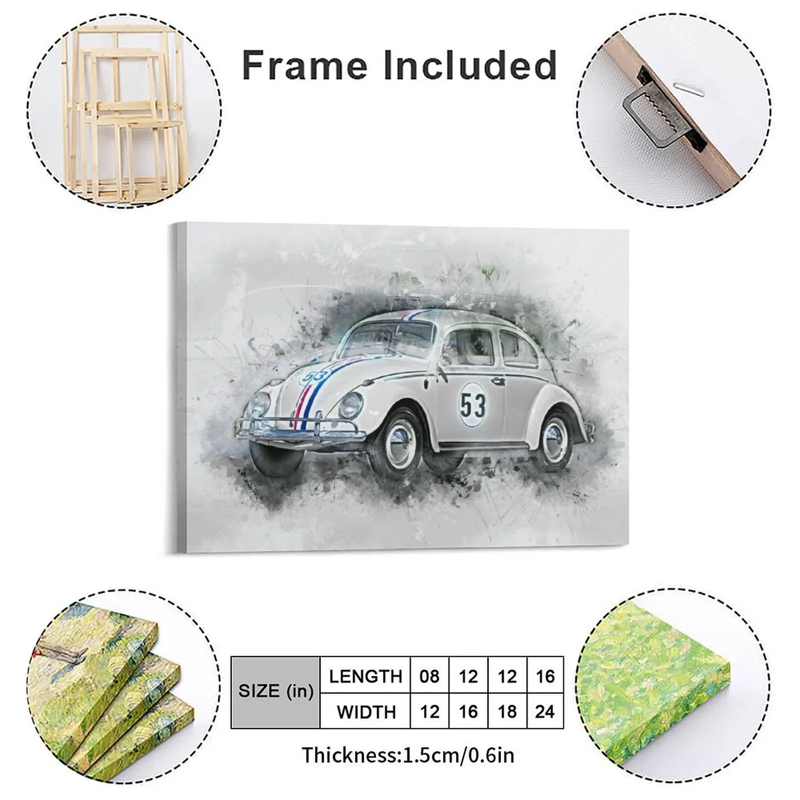 Herbie The Beetle Bug Canvas Painting Bar Cave Wall Plaque Cinema Living Room Vintage Framed Wall Painting
