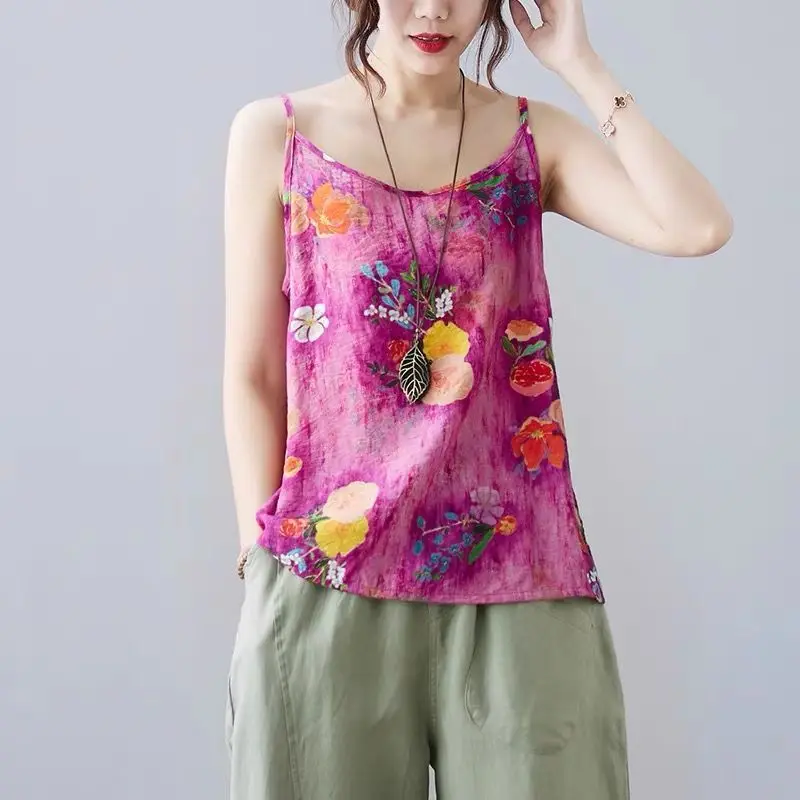 

Vintage Printed Loose Sleeveless Floral T-Shirt Women's Clothing 2024 Summer New Oversized Casual Pullovers All-match Tee Shirt