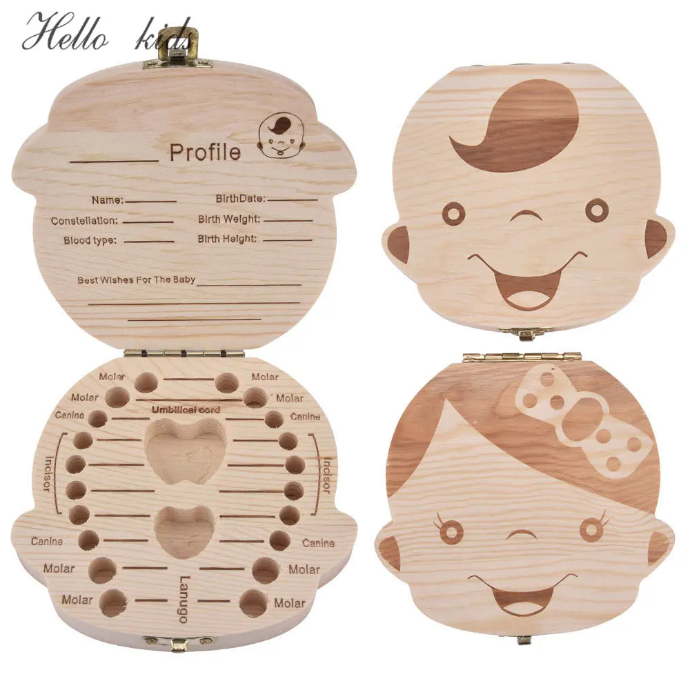 English Spanish Russia Text Baby Boy Girl Fallen Tooth Box Storage Natural Wood Case Save Milk Teeth Collection Organizer Holder