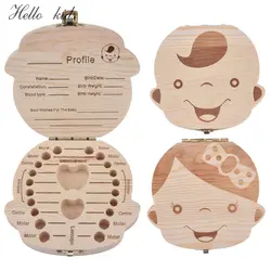 English Spanish Russia Text Baby Boy Girl Fallen Tooth Box Storage Natural Wood Case Save Milk Teeth Collection Organizer Holder