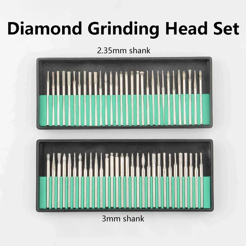 30pcs Electroplated Diamond Burr Set 3mm & 2.35mm Shank Diamond Grinding Needles Assorted Rotary Tool Bits Polishing Engraving