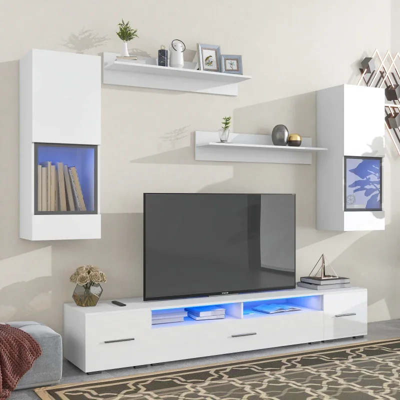 Extended, Minimalist Style TV Stand Set, High Gloss Wall Mounted Entertainment Center with Color Changing LED Lights for Home