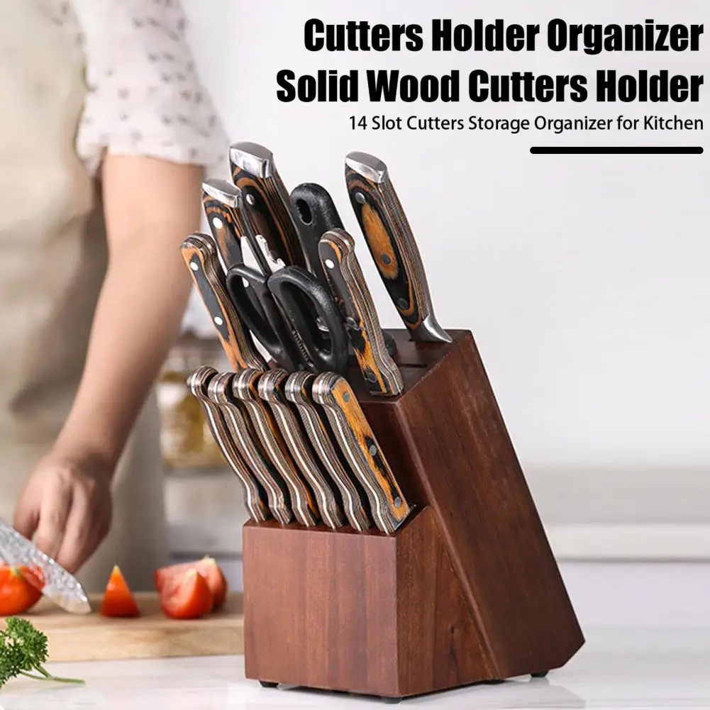 

14 Slot Cutters Storage Organizer for Kitchen Durable Wooden Cutter Holder 14 Slot Organizer for Kitchen Countertop for Cooking