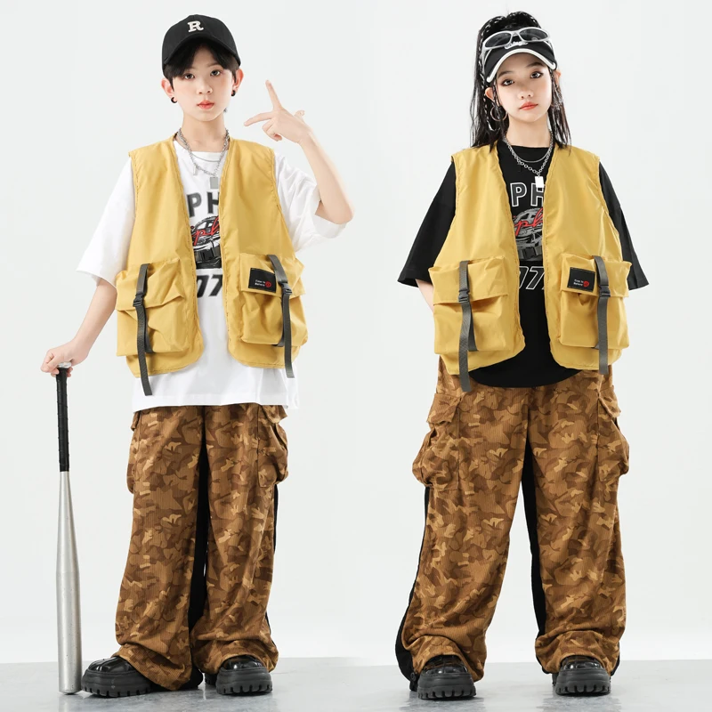 Girls K-pop Outfits Vest Loose Pants Boys Hip Hop Jazz Street Dancing Clothes Sets Children Streetwear Kids Teens Stage Costume
