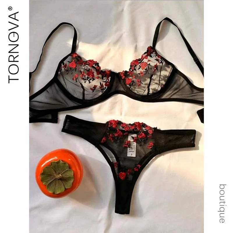 

Tornova Mesh Embroidery Flower See-through Sexy Interesting Underwear Panty Plunge Exposed Navel Slim Sexy Lace Underwear Set