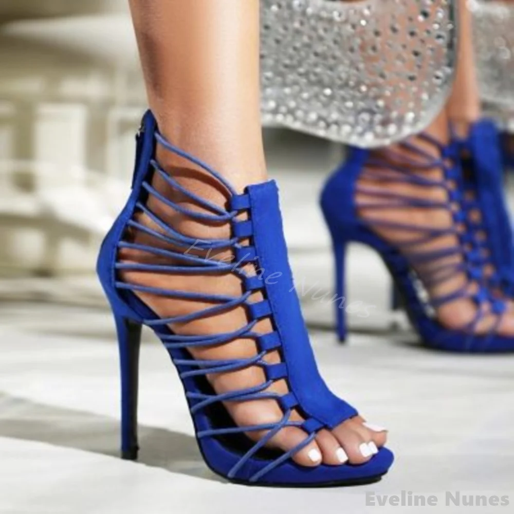 

Hollow Thin Belt Ankle Sandals Women Blue Flannel Open Toe Stiletto Toe Back Zipper Sexy Sandals 2025 Summer New Elegant Sandals